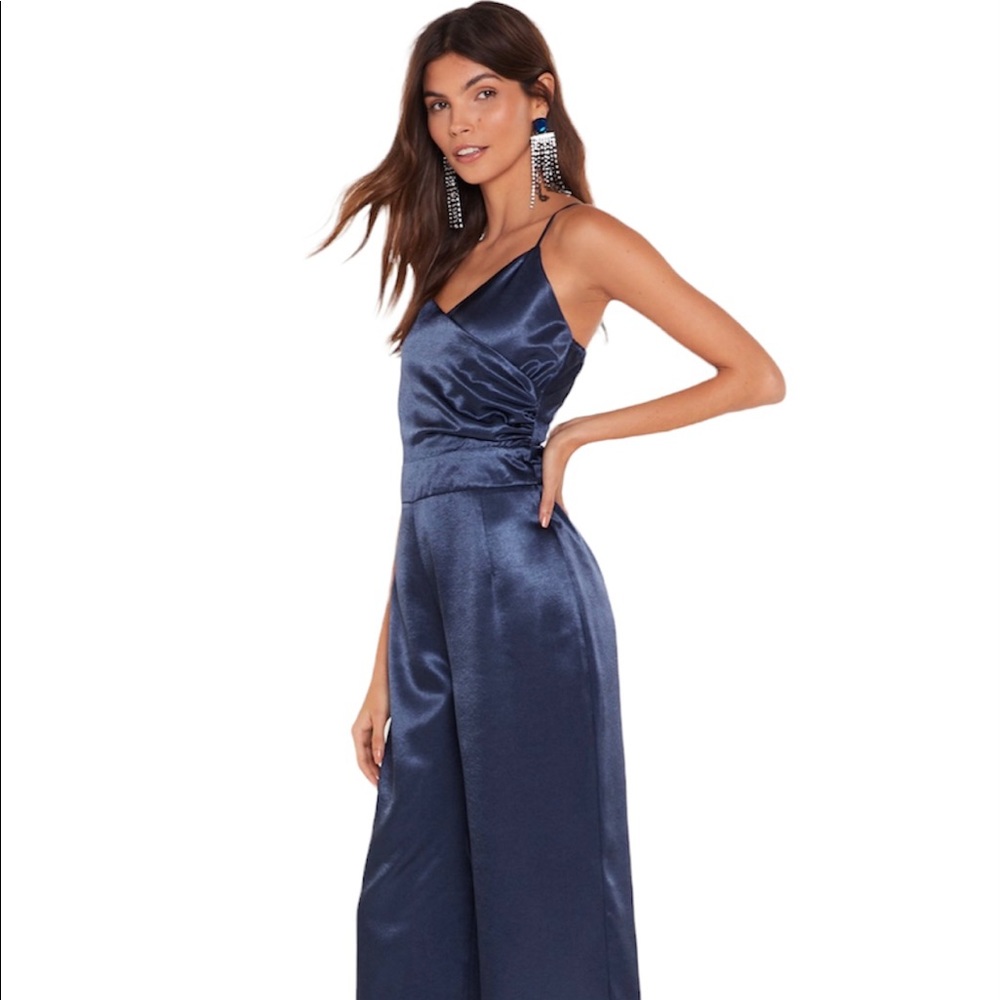 Nasty Gal Navy Satin V Neck Jumpsuit